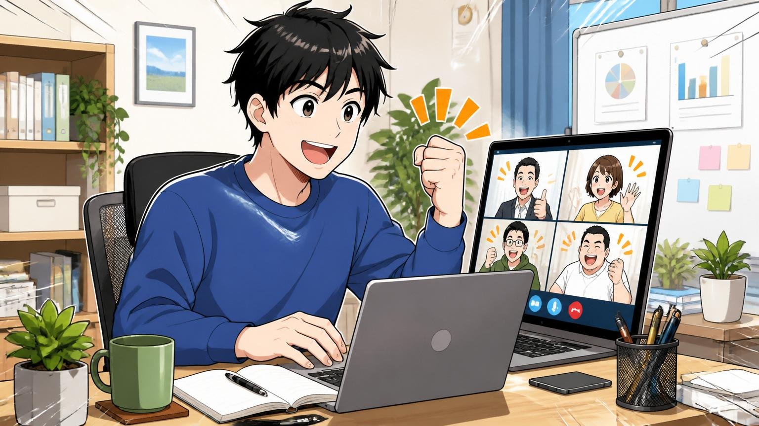 フリーランスとして独立した男性が自宅のデスクで在宅勤務しノートPCに向かいリモート会議をする