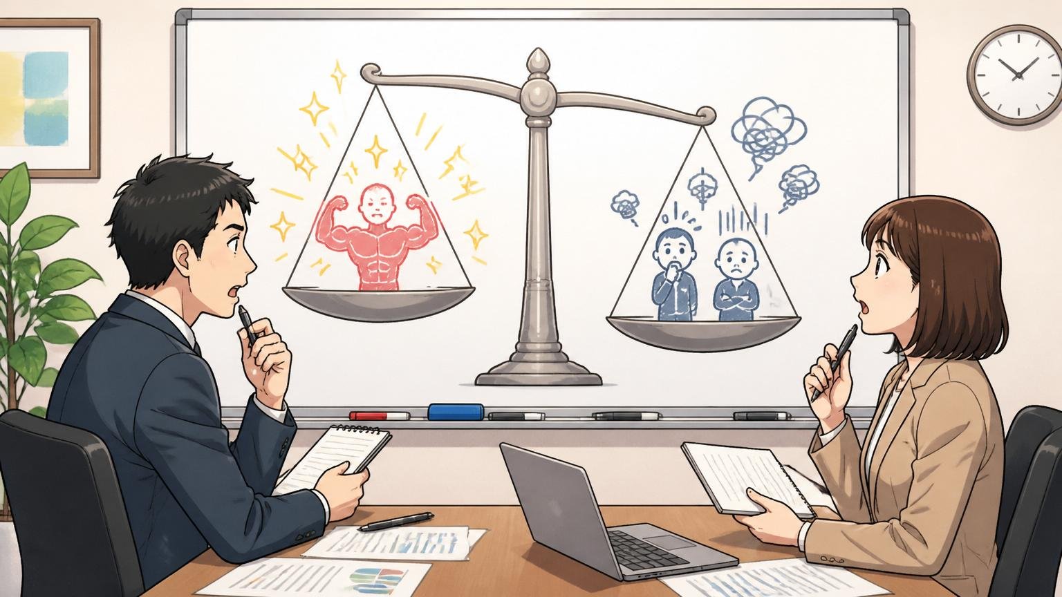 強みと悩みを天秤にかける視点。企業の会議室で30代男女2名が大きな天秤の図を前にメモを取りながら相談する