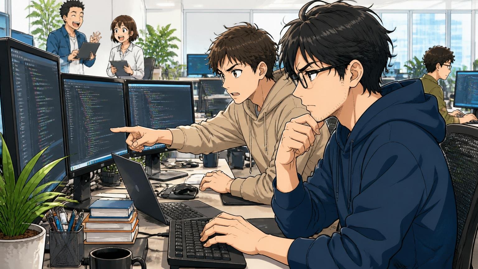 大手Web企業の開放的なオフィスで複数モニターを使って真剣にコーディングする30代エンジニア2人