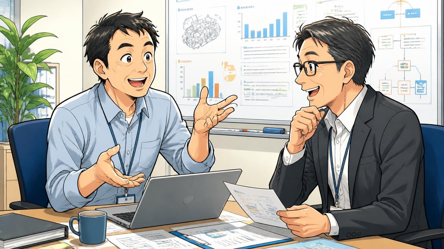 事業会社の情シスDX部門への転職。製造業大手のDX推進部で打ち合わせをする40代男性社員2人、和やかな雰囲気