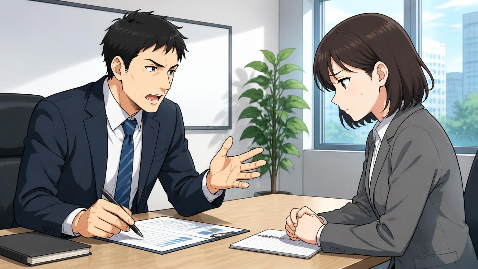 企業の会議室で1on1ミーティングをする上司男性と神妙な表情の部下女性