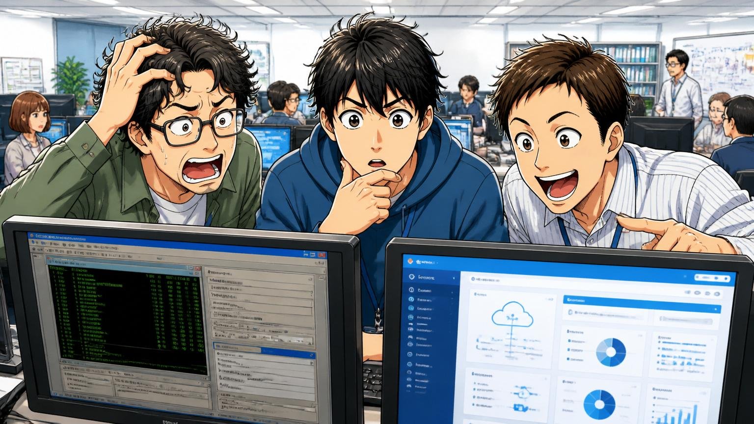 モダン技術への移行が部署差・案件差で進む。SIerの開発フロアで古いシステム画面とモダンなクラウド画面を並べて見るエンジニア3名の対比表情