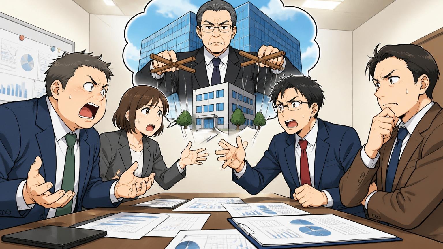 親会社依存で開発方針が左右される構造、企業の会議室で経営会議、ビジネスパーソン4人、議論している表情