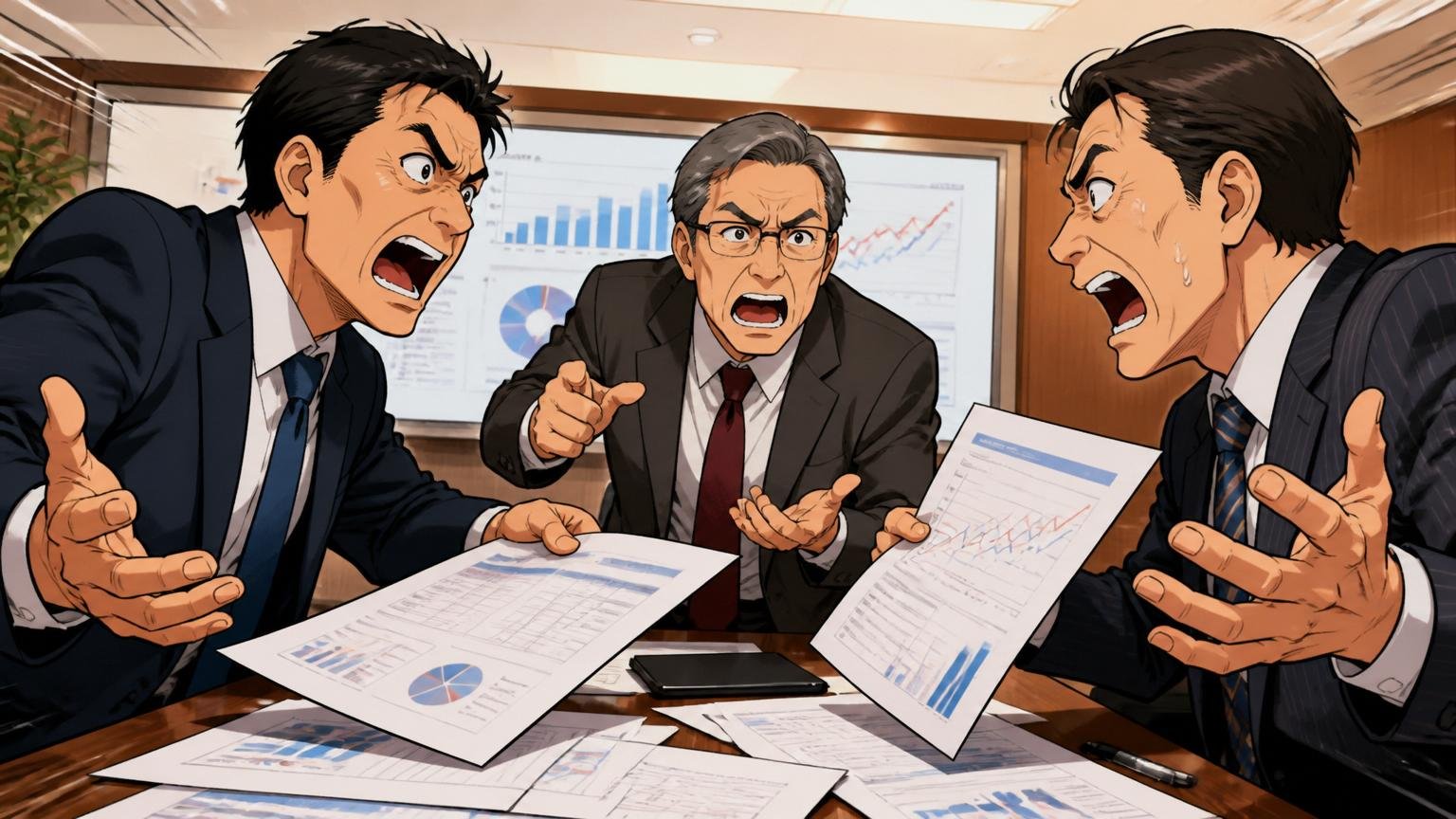 軸⑤キャリア成長 トップダウン色と経営方針の振れ 企業の役員会議室 経営層3人が方針資料を激しく議論