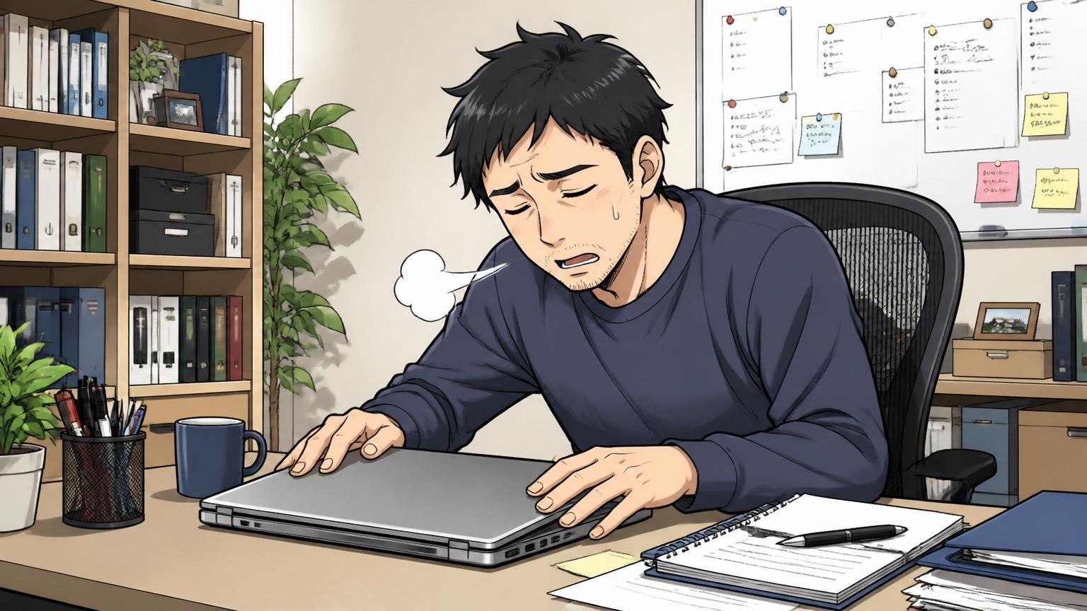 自宅のデスクで在宅勤務中の中堅エンジニア1人、評価面談後にノートPCを閉じてため息をつく表情