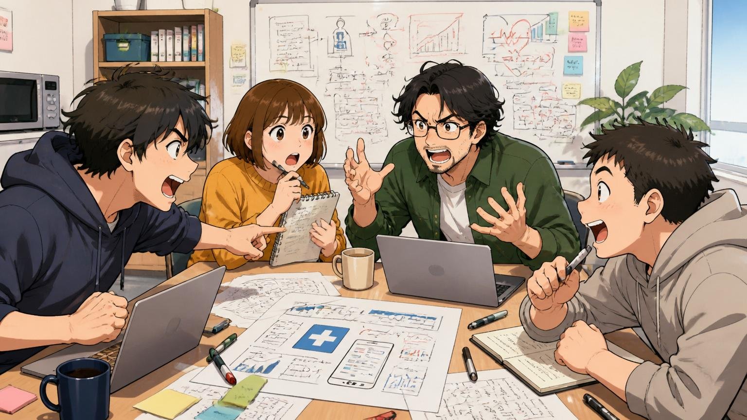 シードラウンドの医療スタートアップのワンルームオフィスで創業メンバー4人が議論している様子