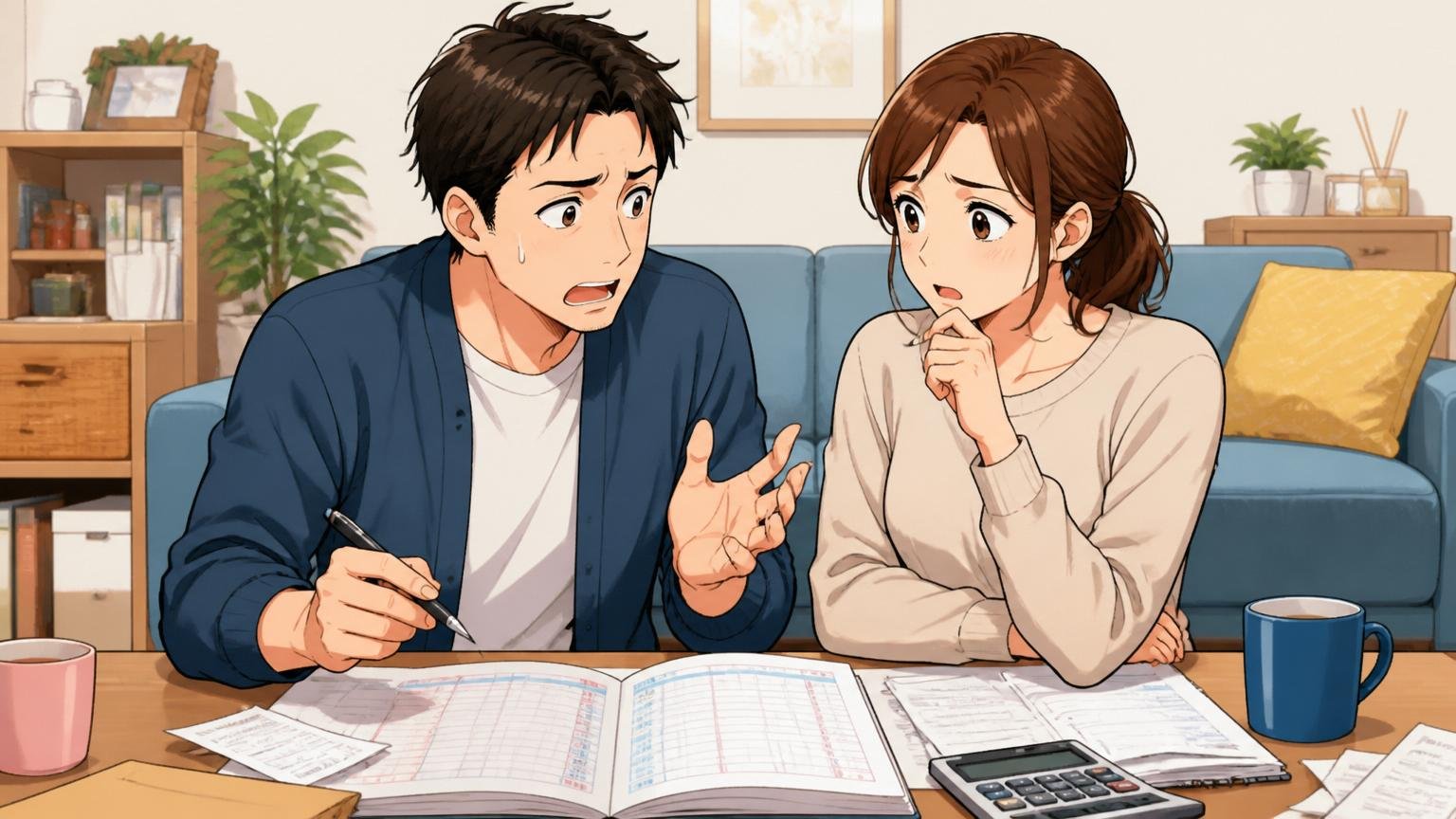 自宅のリビングで家計簿を広げて転職を相談する30代の夫婦