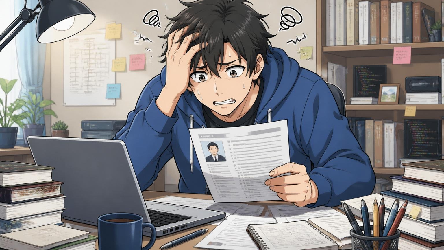 自分はどのパターンかを一人で判定するのは難しい、自宅のデスクで頭を抱えて経歴書を見直すエンジニアの姿