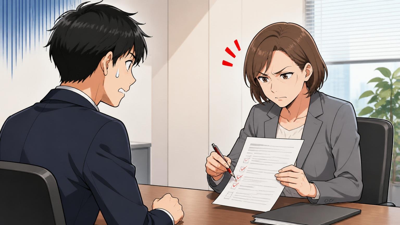 原因⑤面接で「主体性」が伝わっていなかった。企業の会議室で面接中、受け身の答え方をしている若手候補者と書類にチェックを入れる女性面接官が向かい合っている場面