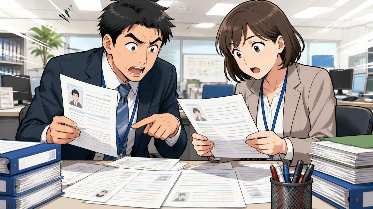 企業の採用フロアで人事担当者2名が応募者の書類を比較検討する