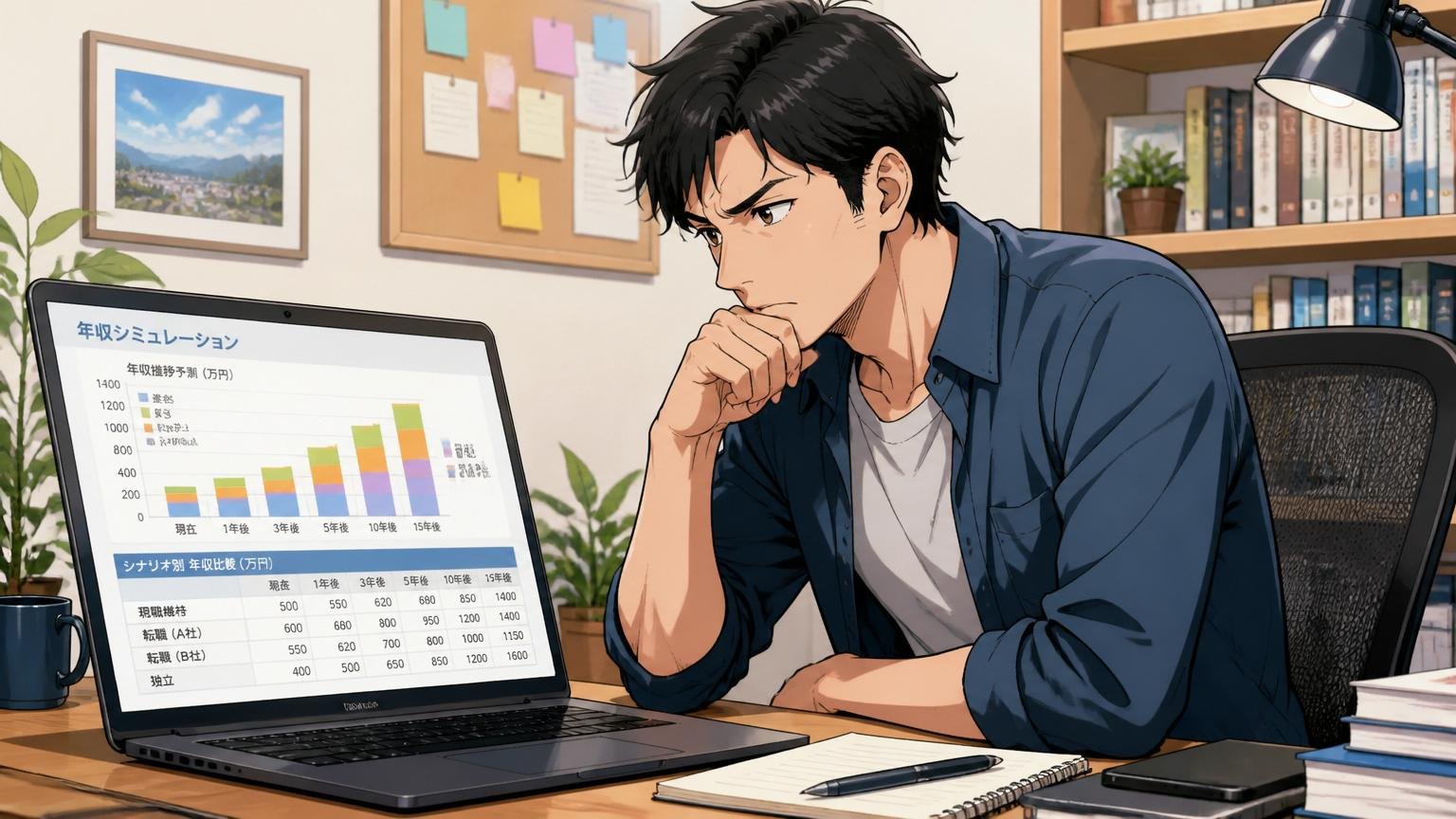問い⑤年収・キャリアの伸びしろは本当にあなたの理想と合っていたか 自宅のデスクで年収シミュレーションを見ながら考えるエンジニア 30代男性1人 真剣な表情