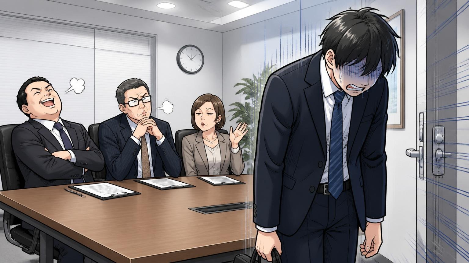 企業の会議室で面接時間が予定より早く終わり、応募者が肩を落として退室するシーン。3人。冷たい温度差と落胆のオーバーリアクション