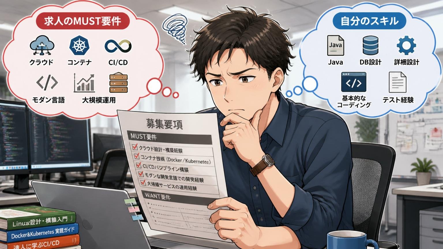 パターン⑤募集ポジションのMUST要件と自分のスキルのズレ。SIerの開発現場で30代男性エンジニア1人が求人票を見て考え込んでいる