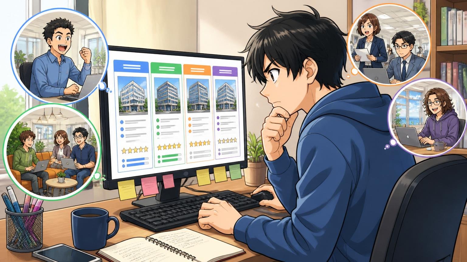 複数企業を比較するエンジニア。自宅のデスクで在宅勤務するエンジニア1人がPC画面で求人を比較