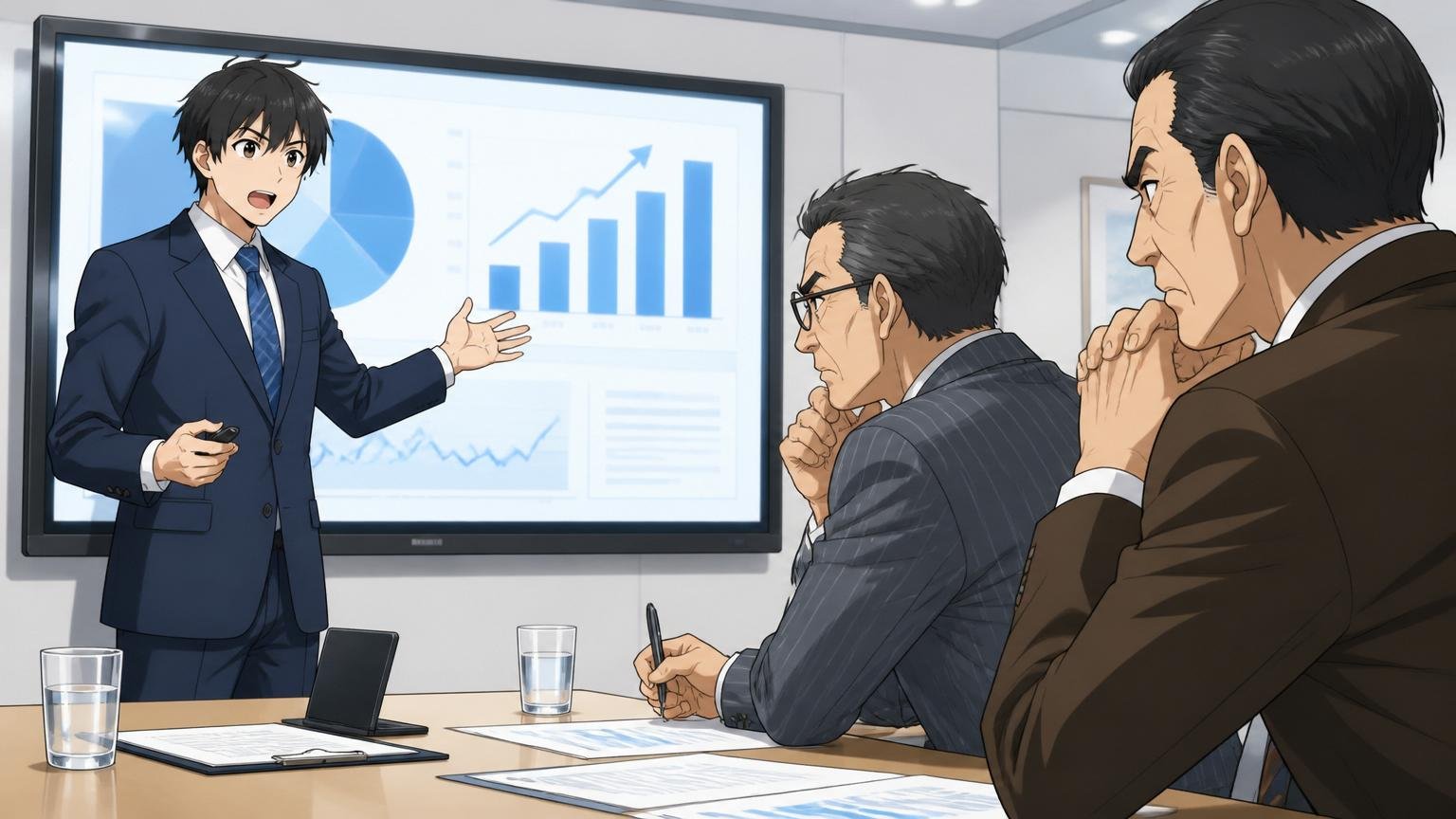企業の会議室で就活生1人がプレゼン資料を表示し役員クラス2人が真剣に評価する最終面接の場