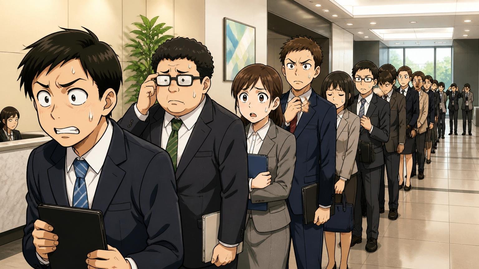 大勢の応募者が並ぶ採用選考のイメージ。企業のロビーで複数の就活生やエンジニアが順番を待つ緊張した場面