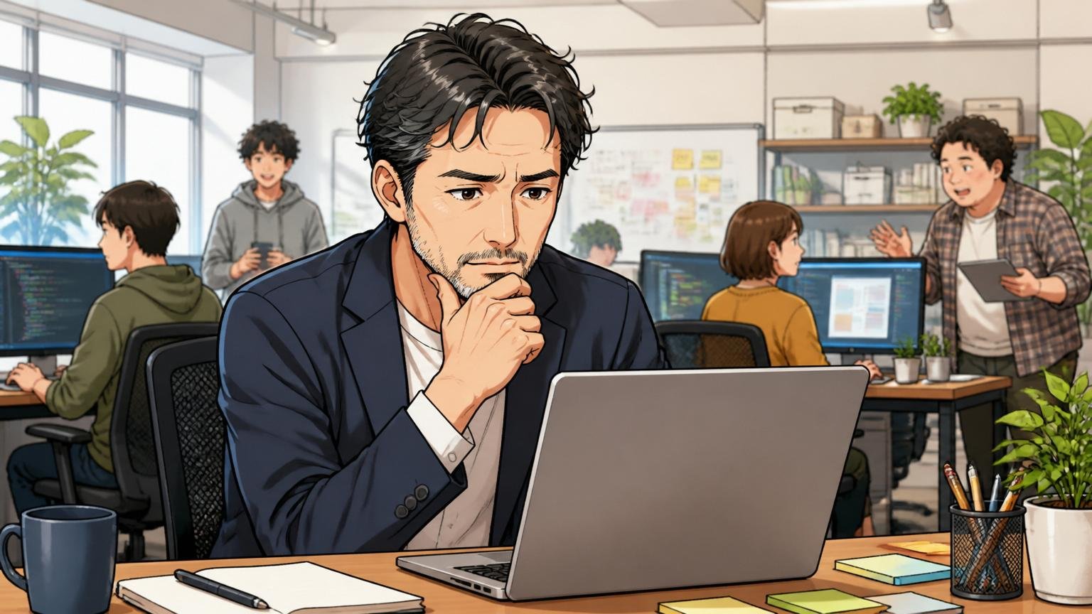 これらは「ブラック」と一括りにしていいのか。Web系スタートアップのオフィスで40代男性メンター1人が、口コミを冷静に見つめながら考え込む表情