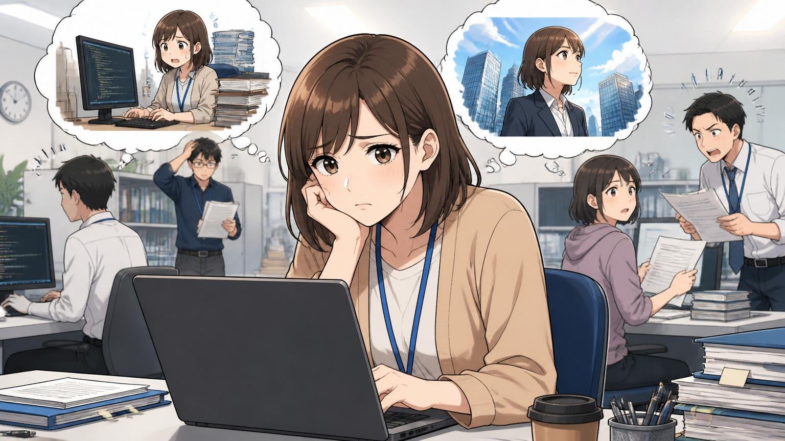 エンジニアとして市場価値が伸びにくい構造のシーンで、SIerの開発現場で20代後半女性エンジニアが転職サイトを見つめながらノートPCの前で悩んだ表情をしている