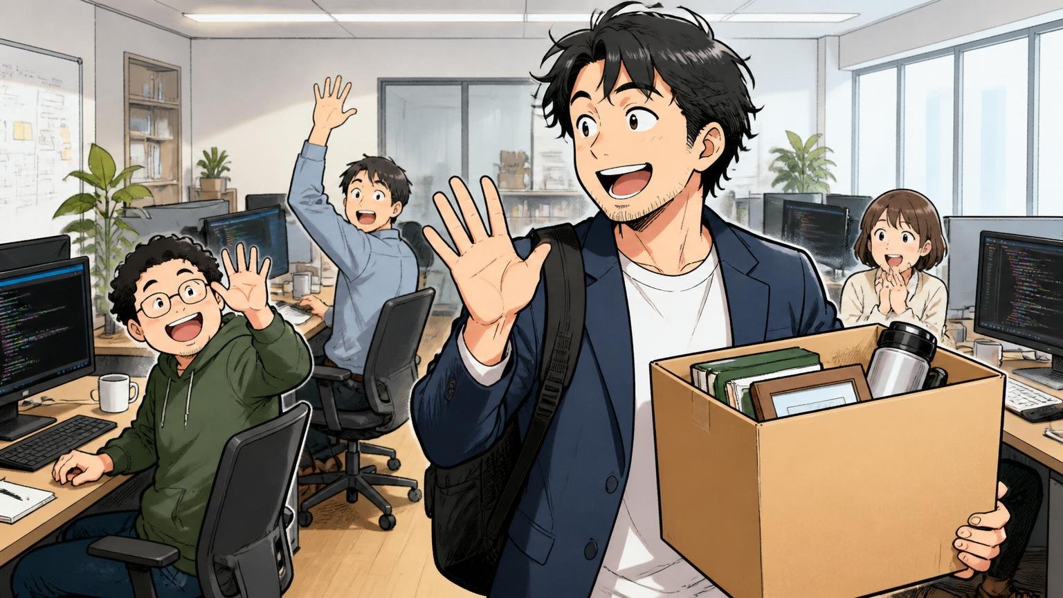 Web系スタートアップのオフィスで段ボールを抱えた30代の元社員が同僚に挨拶をして去っていく