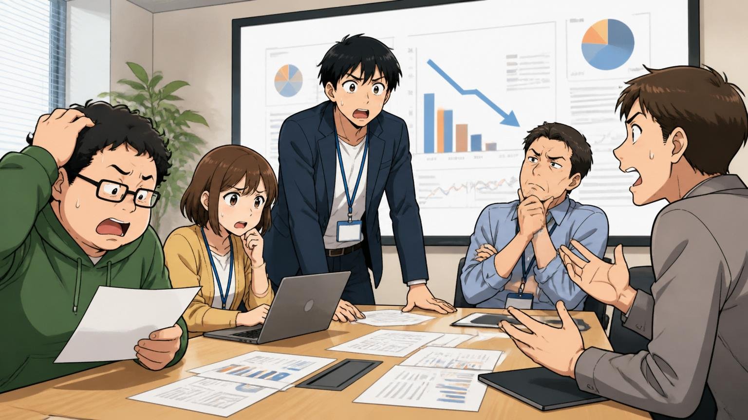 理由⑤：経営判断・将来性への疑問の声。札幌のIT企業の会議室で経営方針の発表資料を前にやや困惑しつつ議論する複数の社員たち