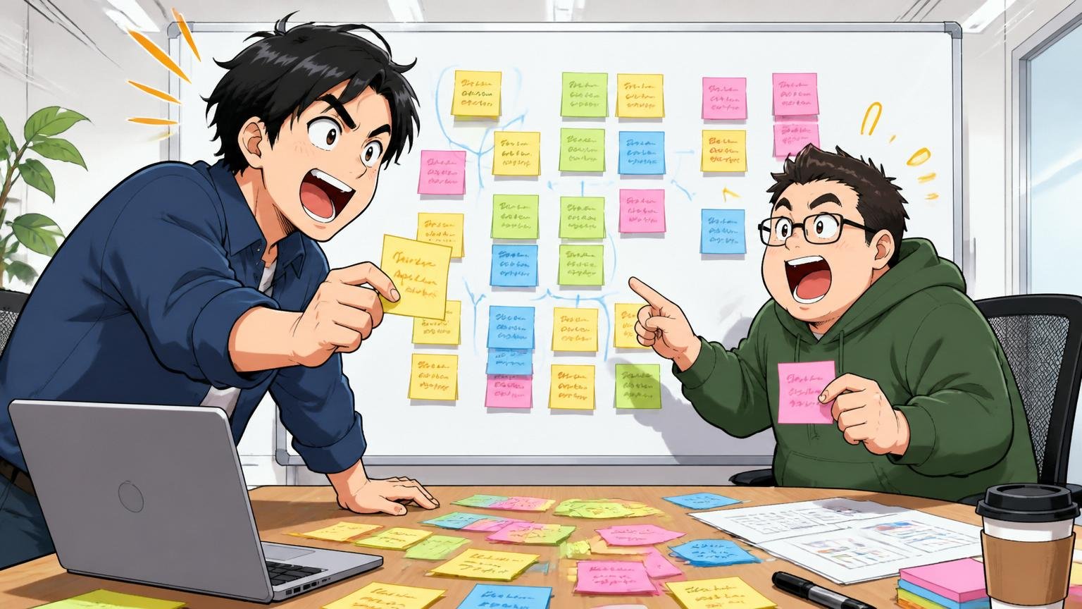 システナの経験は無駄じゃない。市場で評価されるスキルの翻訳法。会議室で2人のエンジニアが付箋を使ってスキル棚卸しをしている
