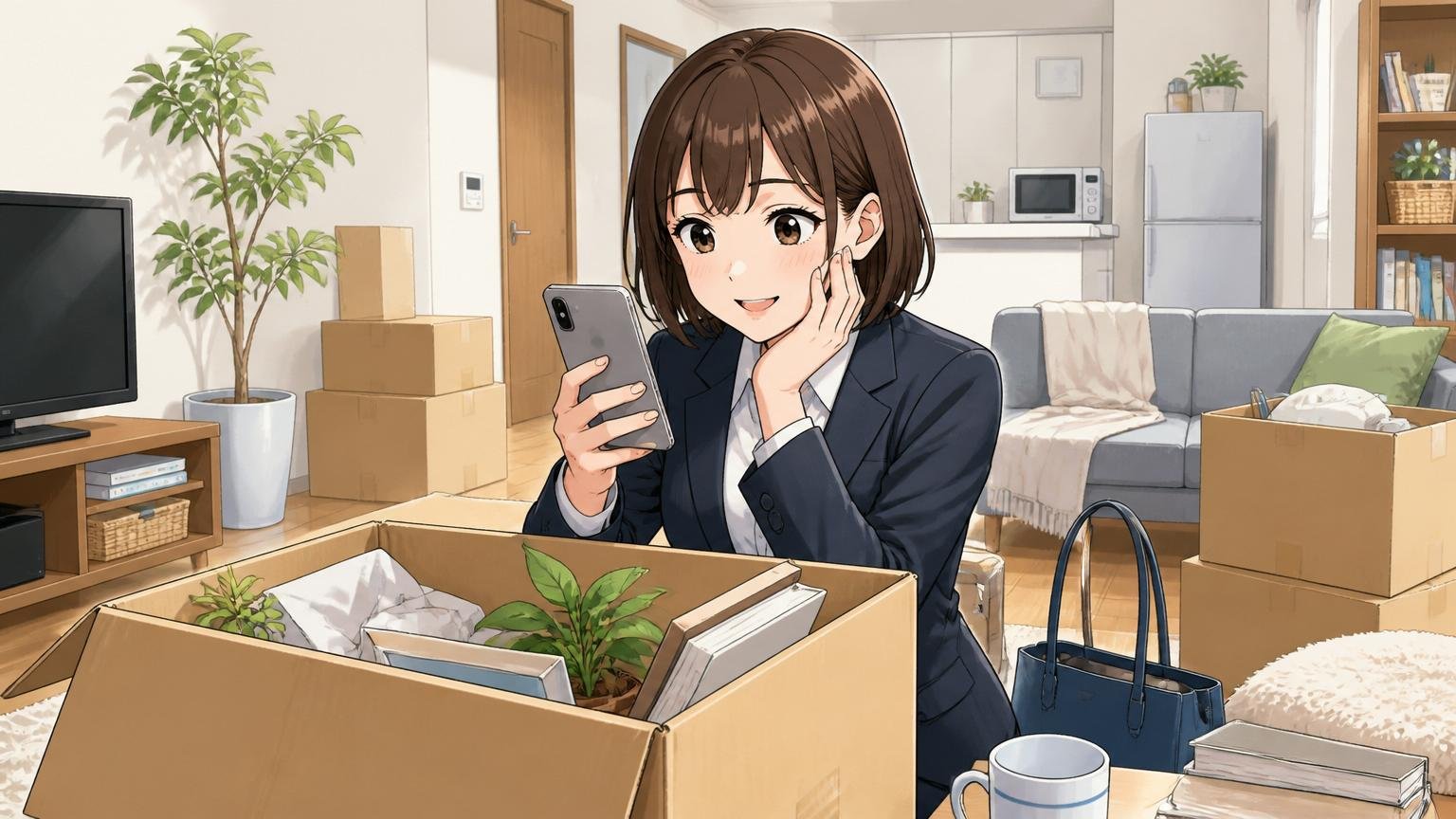 東京の単身マンションのリビングで20代女性社員1名が引越し直後の段ボール越しにスマホを見て微笑む場面
