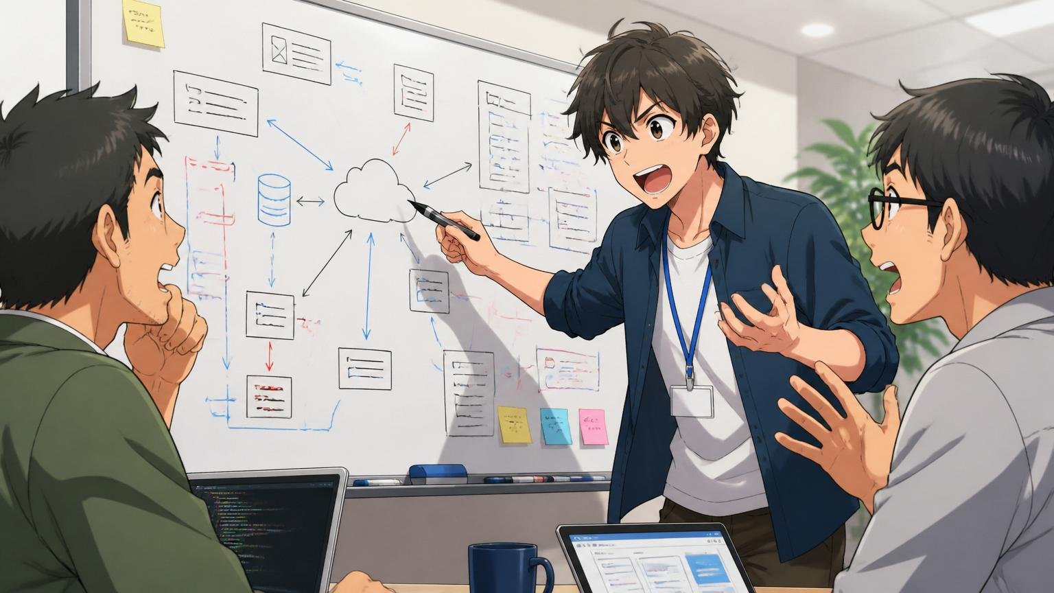 Web系SaaSのオフィスで20代後半男性エンジニアが新規プロダクトの設計図をホワイトボードで先輩2名に説明する熱意