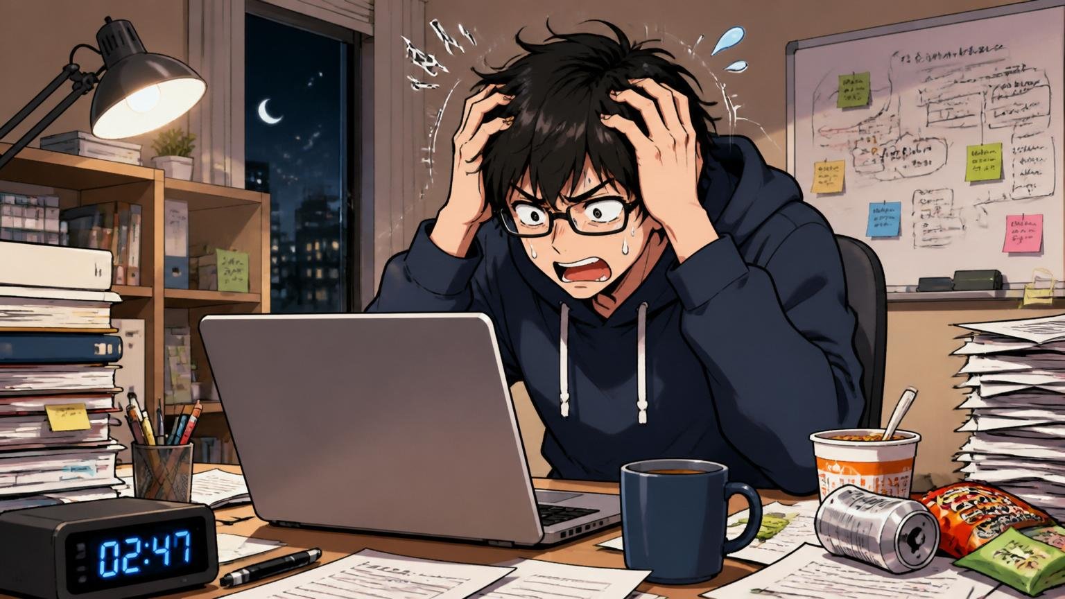 「リモートでも結局忙しい」というクライアントワークの宿命。自宅のデスクで在宅勤務する30代男性エンジニアが深夜に頭を抱える