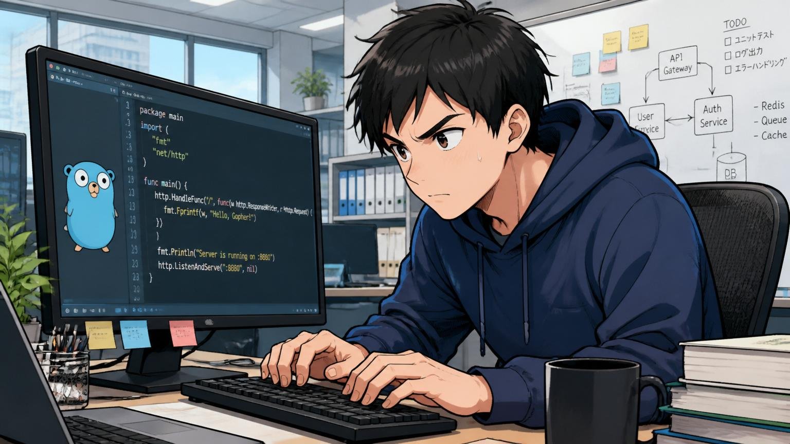 Web系IT企業のオフィスでバックエンドエンジニアがGoのコードを書きながらモニターを真剣に見つめるシーン