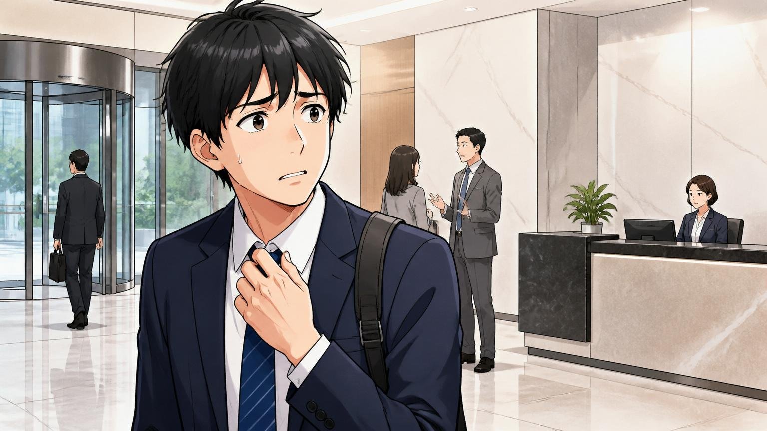 客先常駐の不安を抱えるエンジニア。クライアント企業のオフィスエントランス。男性1人。一人で立ち止まり不安そうな表情