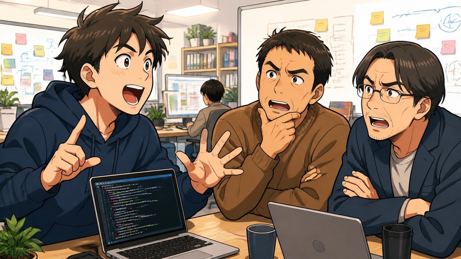 Web系スタートアップのオフィスで自社開発志向を語る若手エンジニアとBPO上流志向の中堅2人