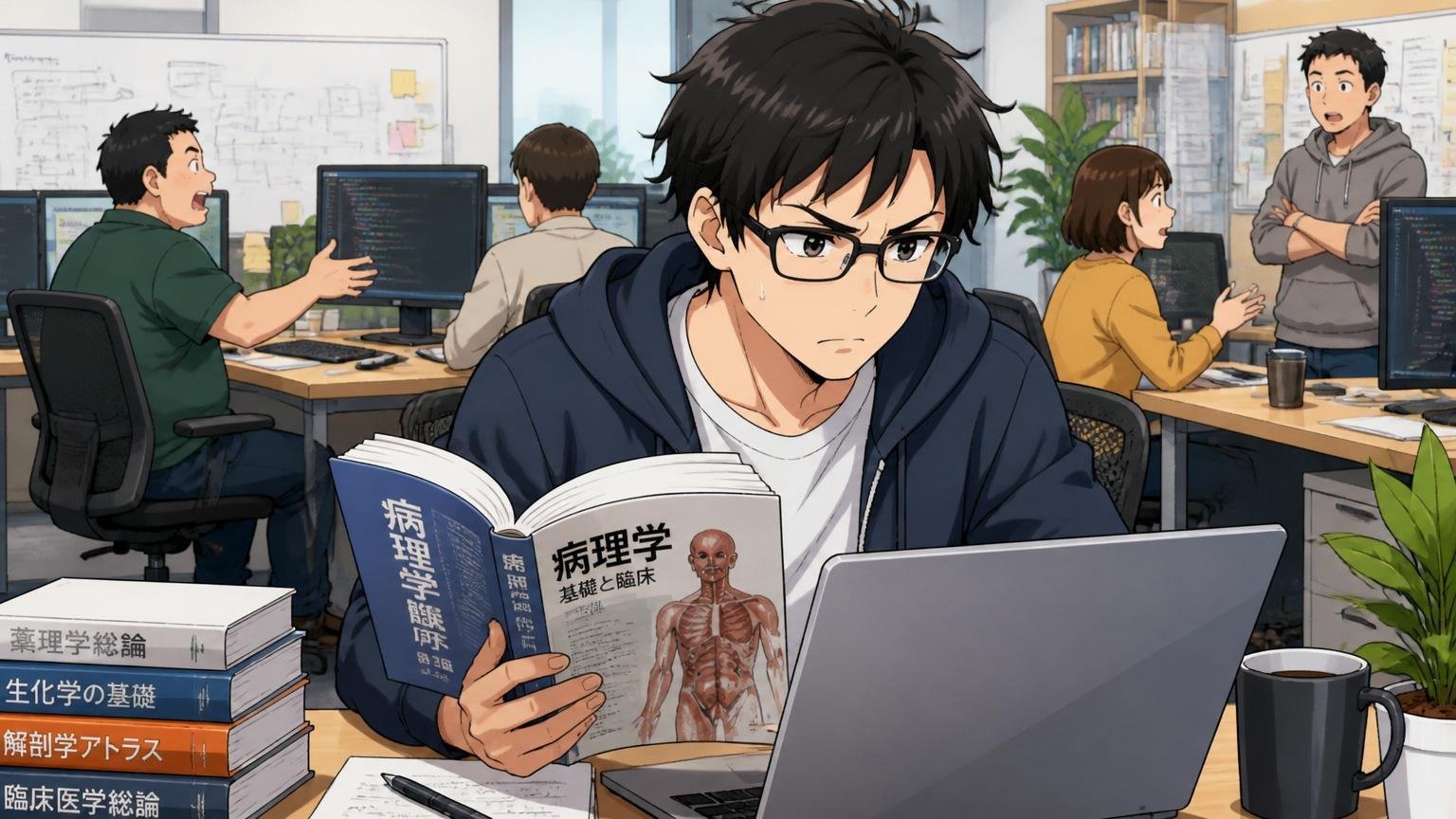Web系スタートアップのオフィスで医療系の専門書を片手にPCに向かう真剣な表情の30代エンジニア
