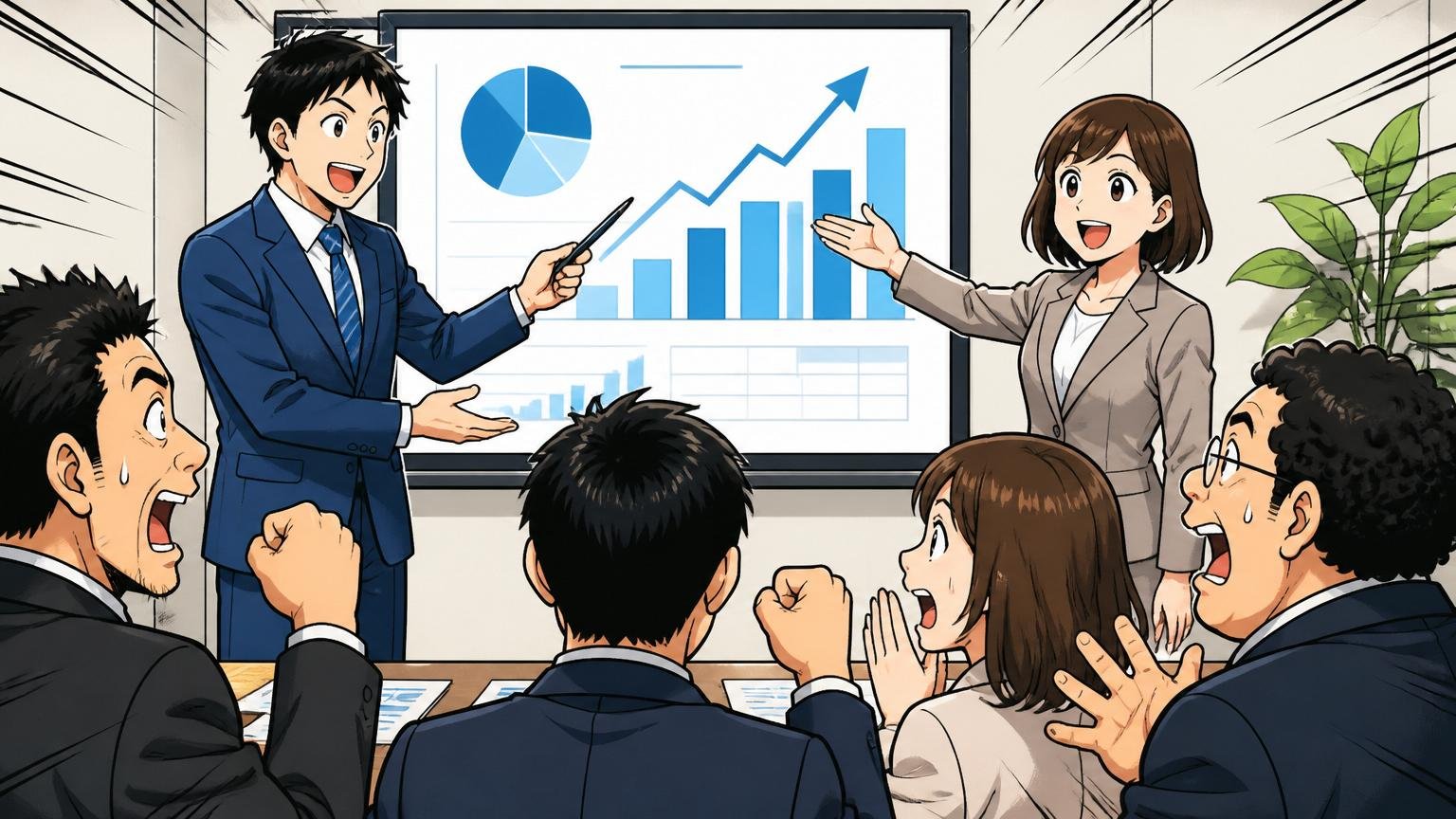 企業の会議室で決算発表のグラフを示しながらプレゼンする30代男女2人