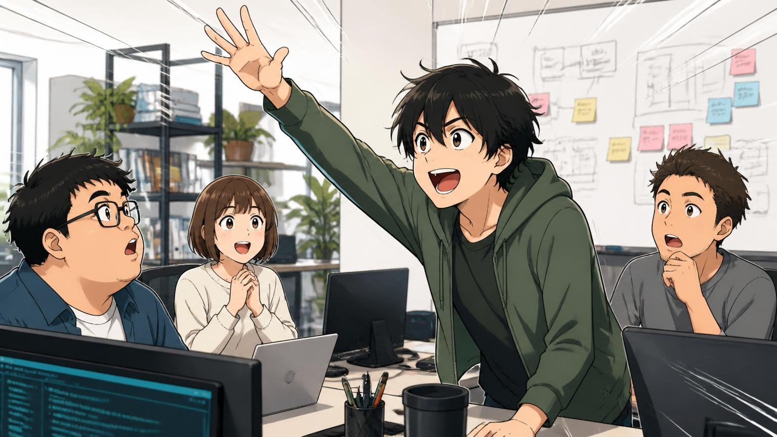 Web系スタートアップのオフィスで自ら手を挙げて発言する20代エンジニア・前のめりの姿勢・周囲3人