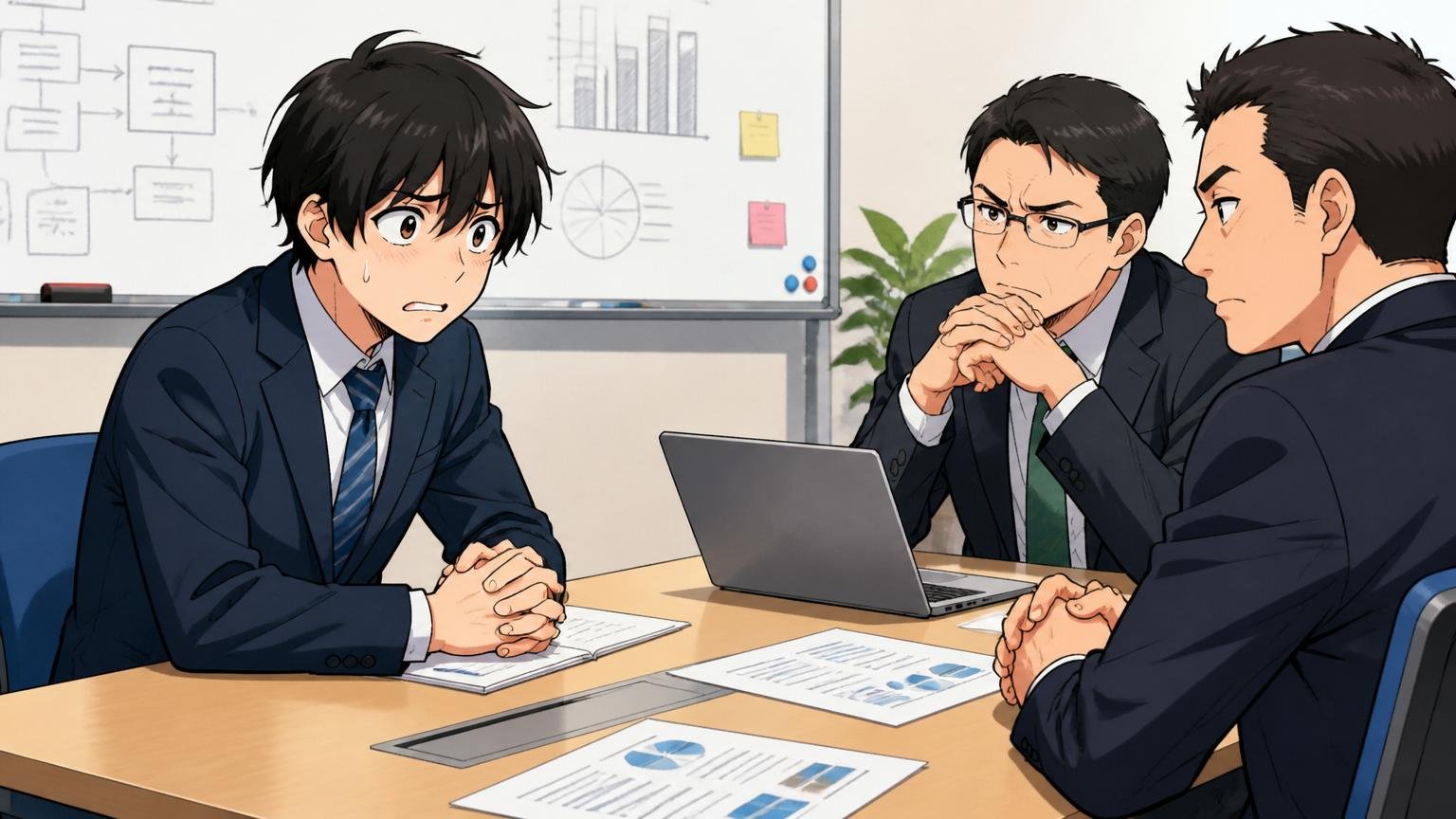 企業の会議室で常駐エンジニアと客先プロパー社員が向かい合って打ち合わせをするシーンで20代エンジニアが緊張した表情