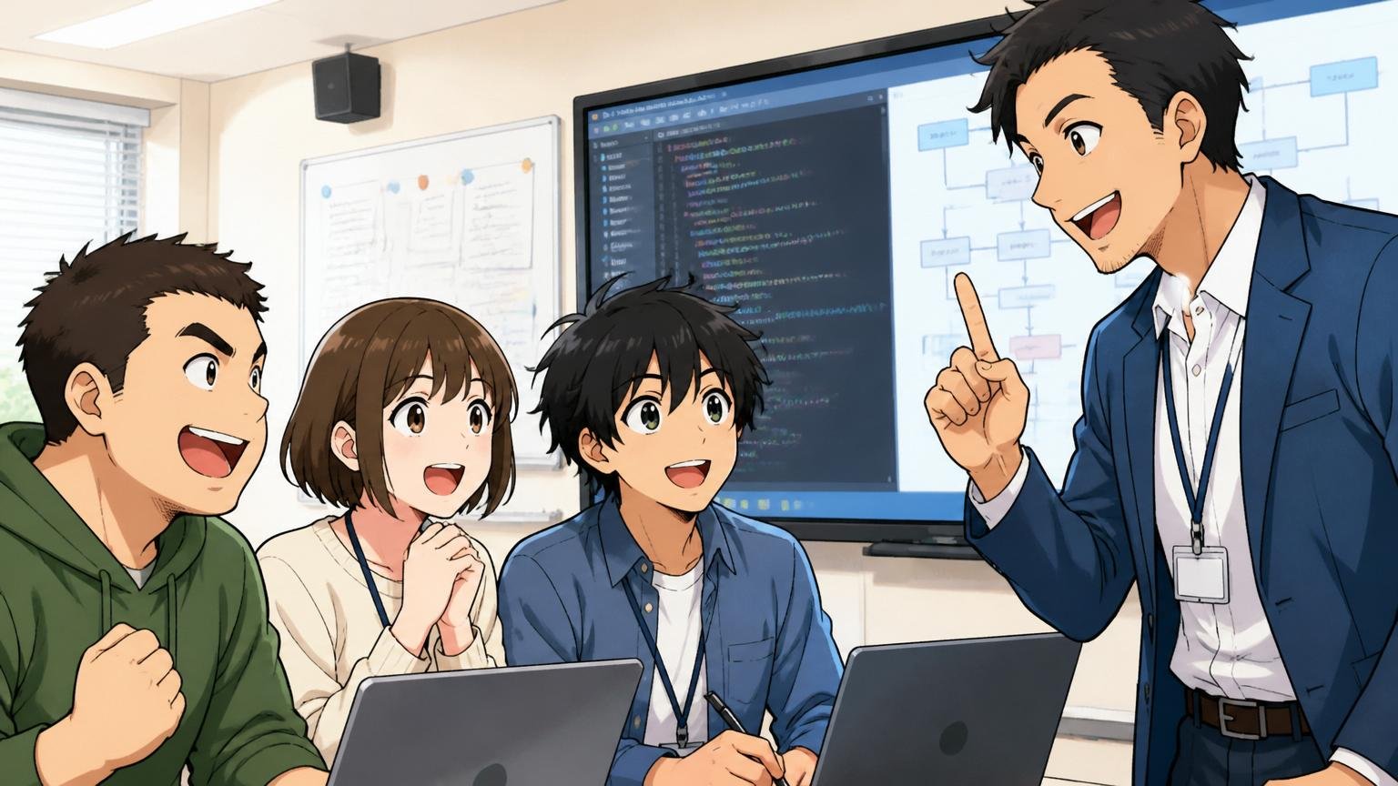企業の研修ルームで未経験から学ぶ若手エンジニア3名と頷きながら説明する講師の男性1名の前向きな表情