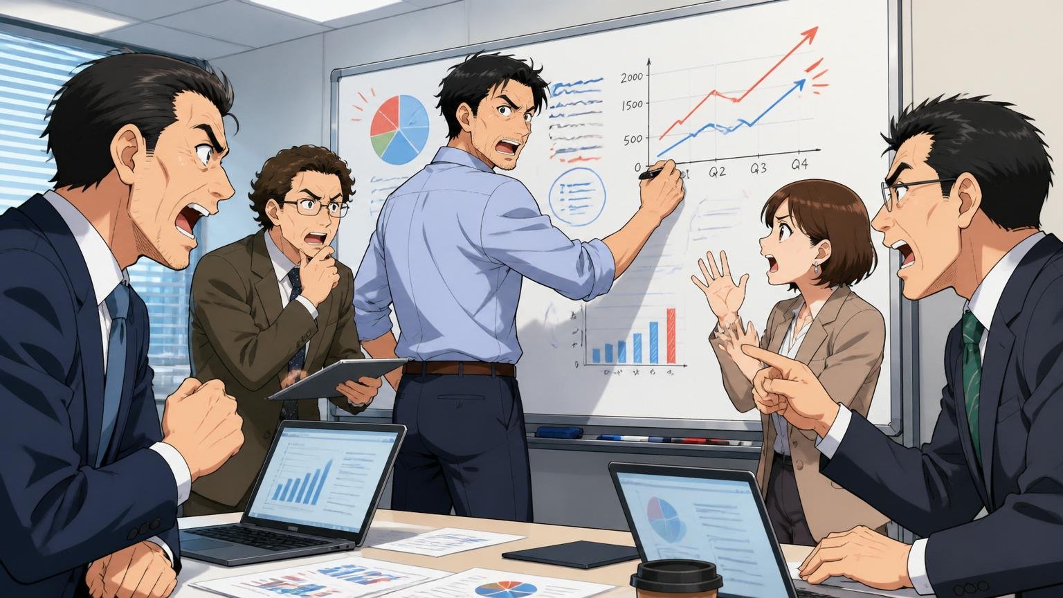 企業の会議室でホワイトボードに数値とグラフを書きながら議論する複数のIT管理職の打ち合わせ