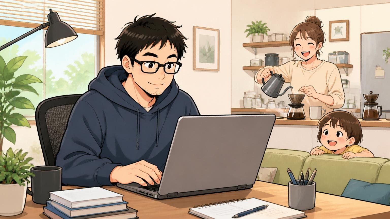 自宅のデスクで在宅勤務する30代エンジニアが穏やかな表情でラップトップを操作し、隣で家族がコーヒーを淹れている明るい朝の風景