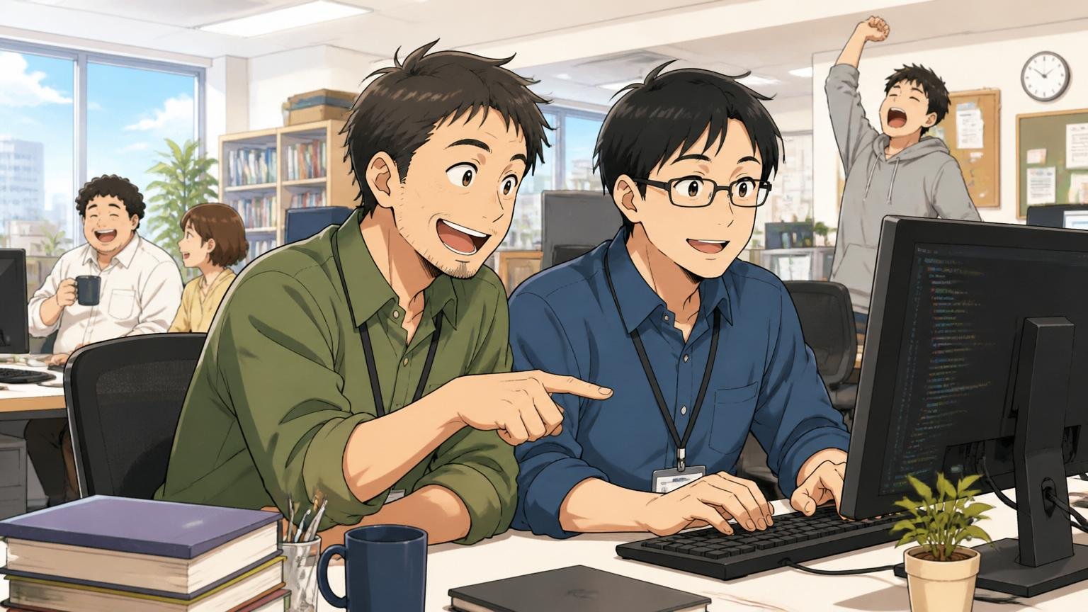 企業のオフィスで穏やかに長期目線で働く家族との時間を大事にする中堅エンジニア2人