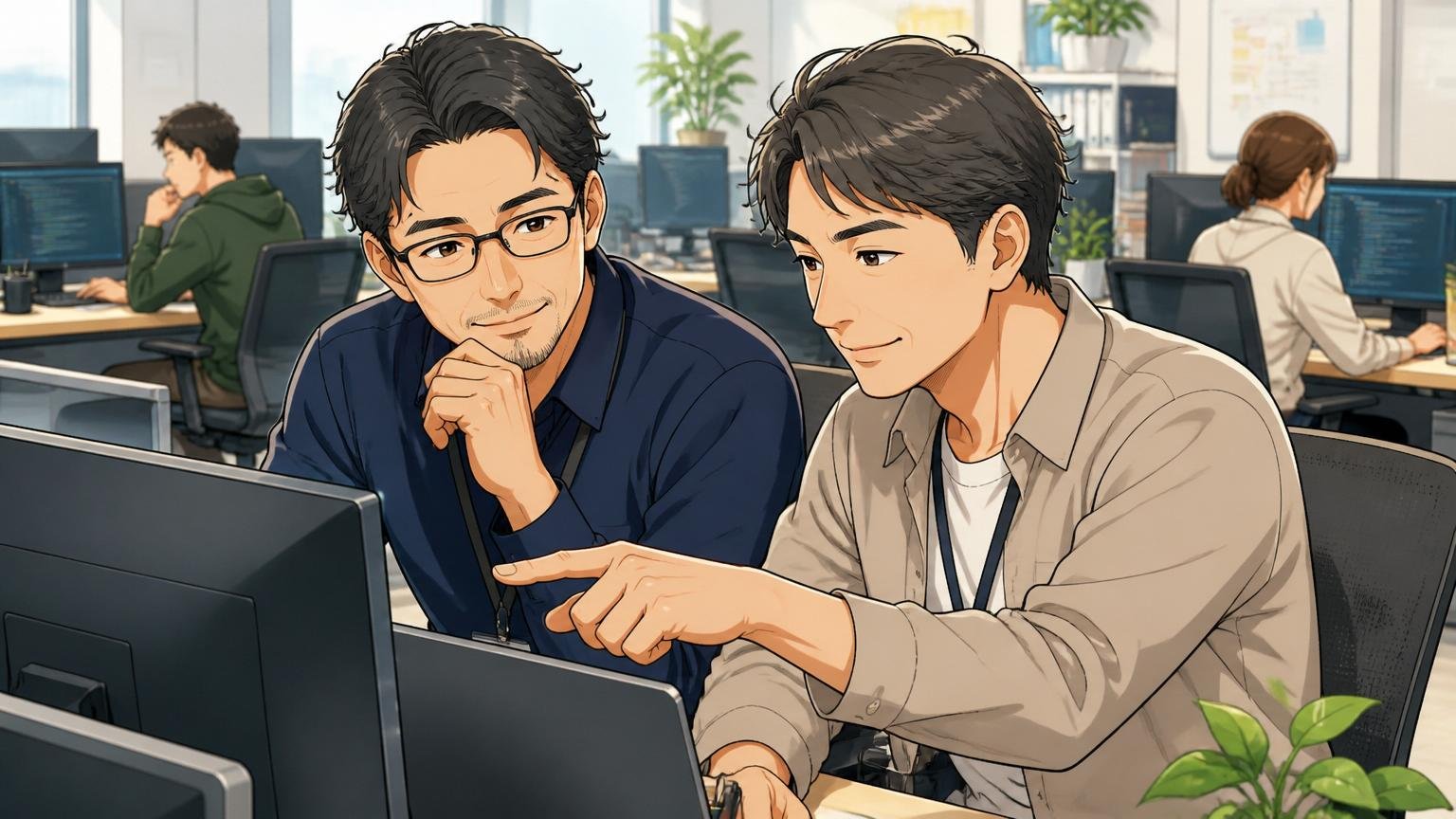 企業のオフィスで成熟したエンジニア2人が穏やかな表情でレビュー作業、落ち着いた雰囲気のフロア