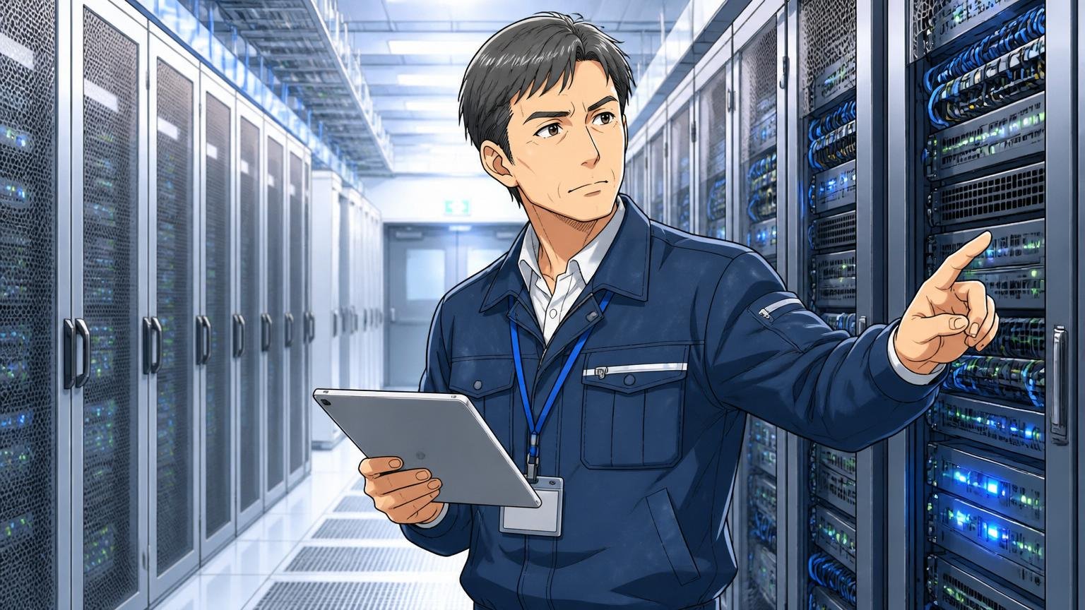 NTTグループの安定性と社会インフラの仕事｜大規模データセンターのサーバルームを巡視する40代男性エンジニア1人