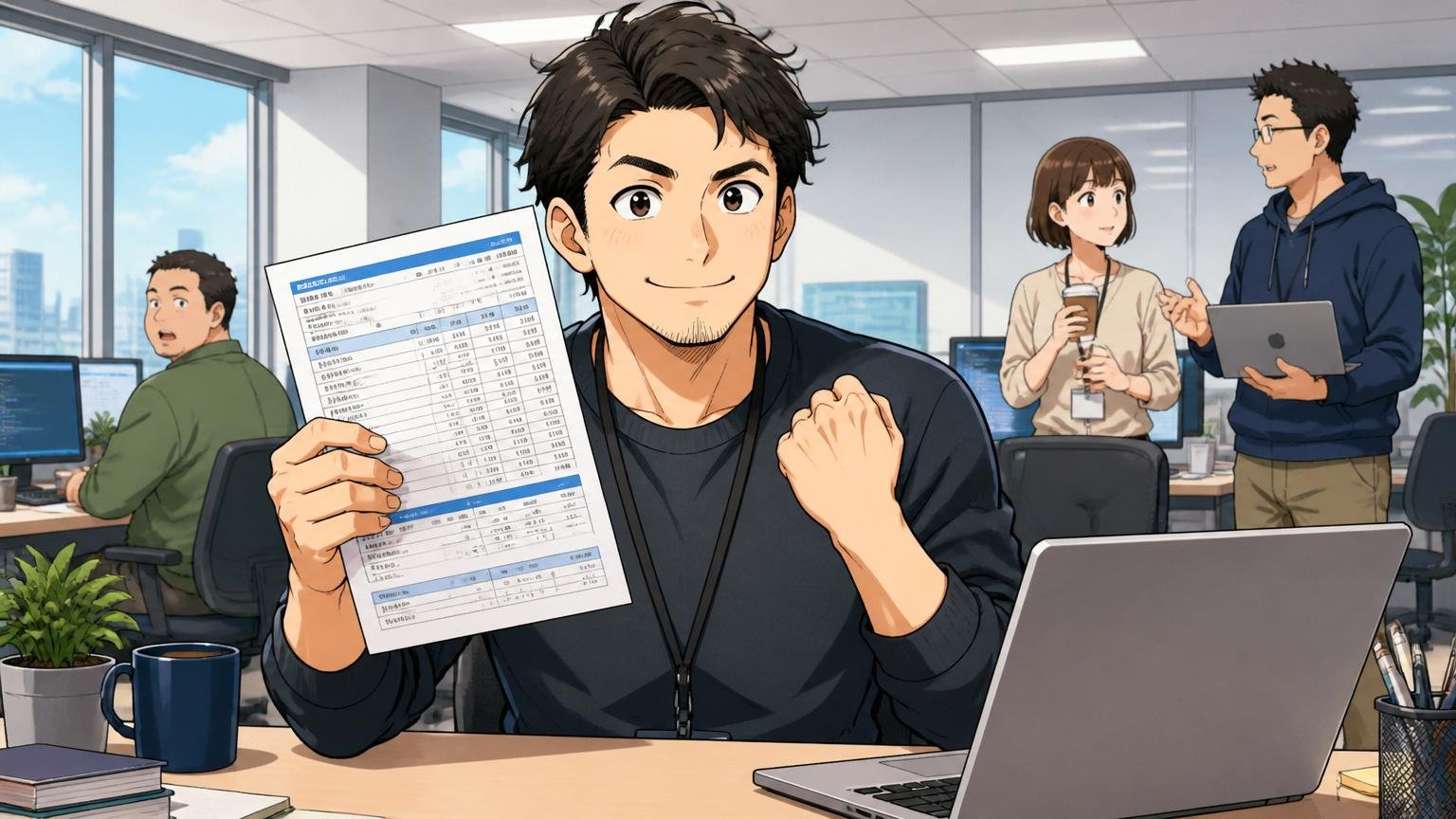 外資系ITのオフィスで給与明細とノートPCを並べて満足げに微笑む中堅エンジニア