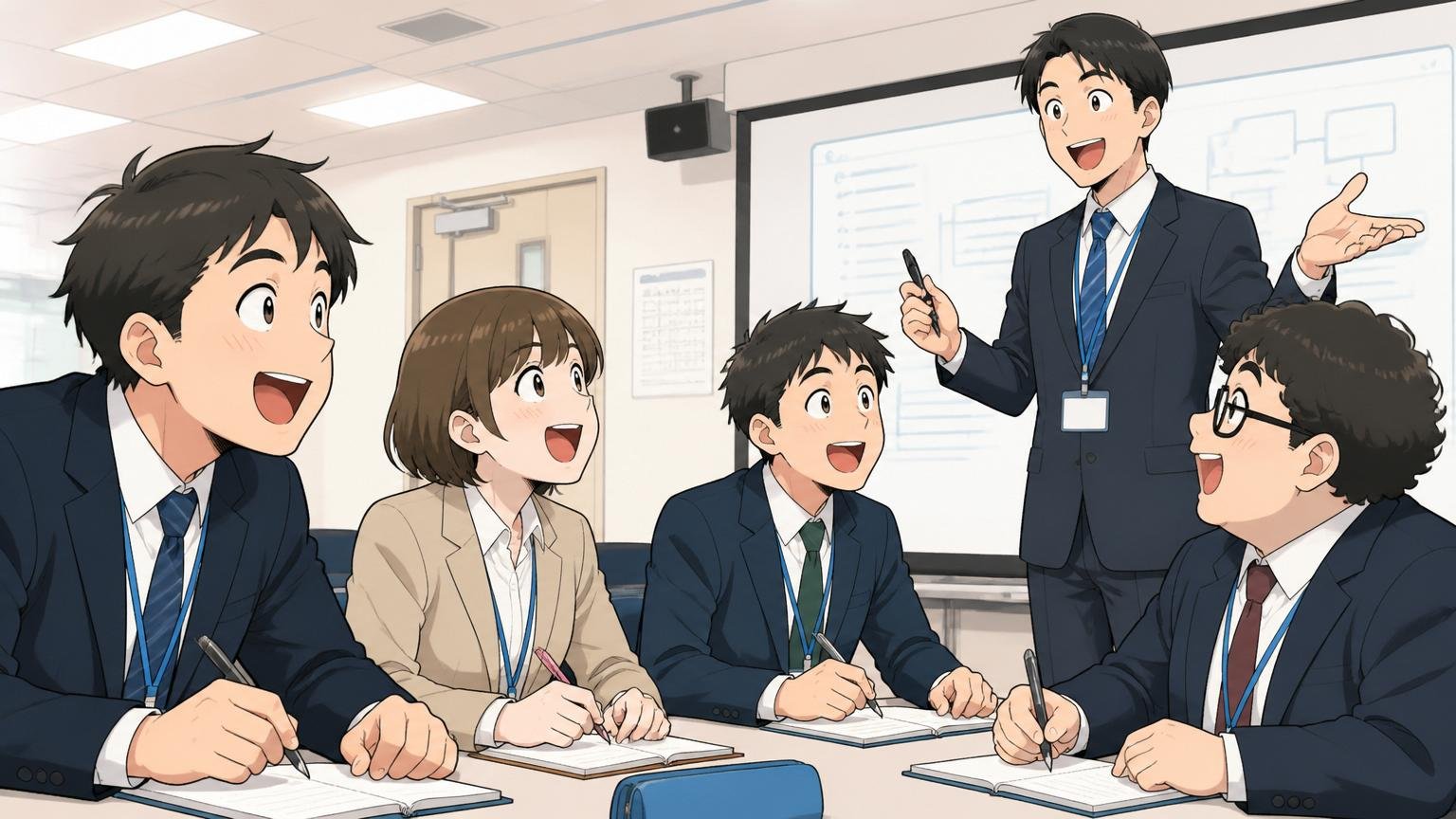 教育制度・福利厚生・働き方の柔軟性。SIerの新人研修ルームで講師1名と新卒社員4名が明るい照明のもと集合研修を受け笑顔でメモを取る