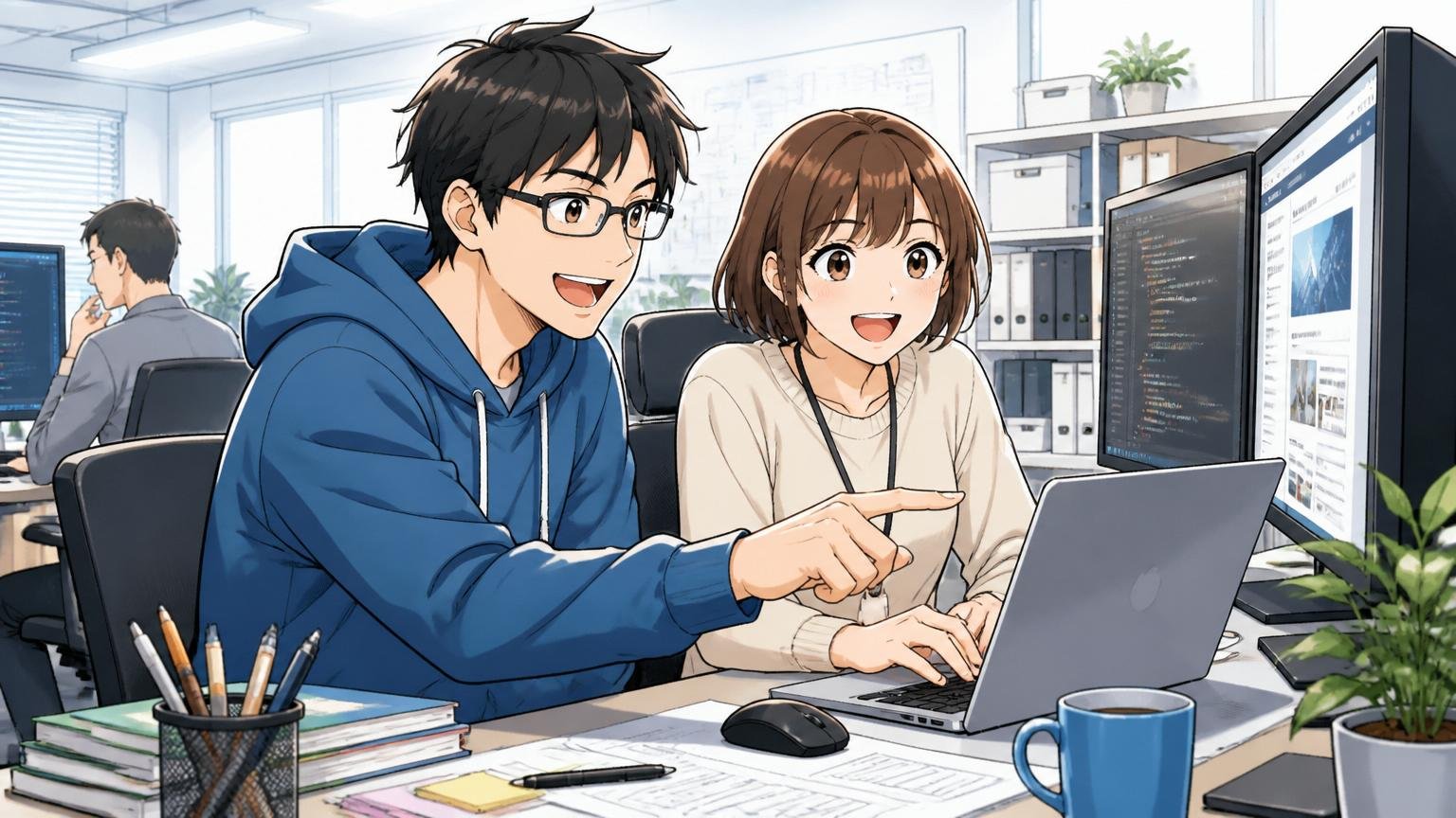 メンバーズに向いているタイプのデジタルクリエイター。Web系企業のオフィスで男性1名・女性1名、笑顔で仕事に取り組む表情