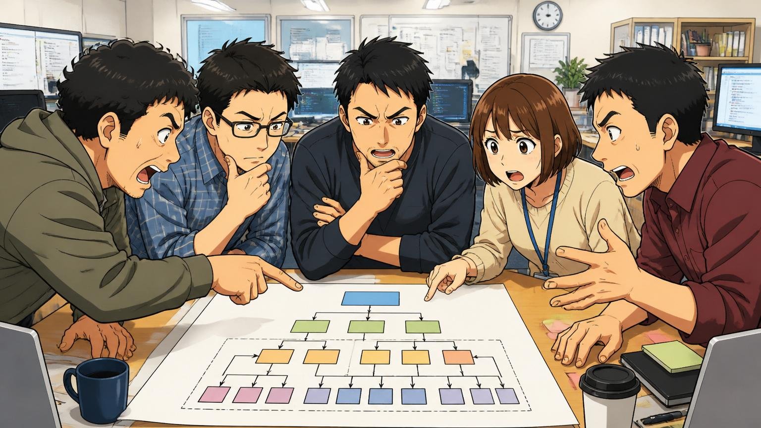PMO化・配属ガチャ・レガシー案件は大手SI／SES共通の悩み／SIerの開発現場のフロア／中堅エンジニア5人／グループで議論しながら多重請負の構造図を眺める