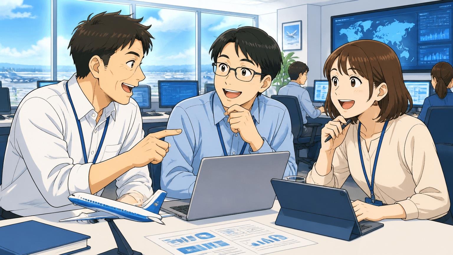 ANAブランドの企業オフィスで働く社員。航空関連のIT企業のオフィスで3人の社員が安心した表情で打ち合わせ