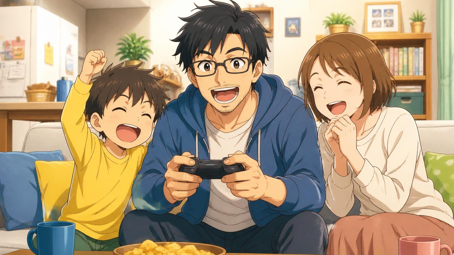 自宅のリビングで家族と笑顔で過ごす30代エンジニア、登場人物は3人、温かい家庭の雰囲気