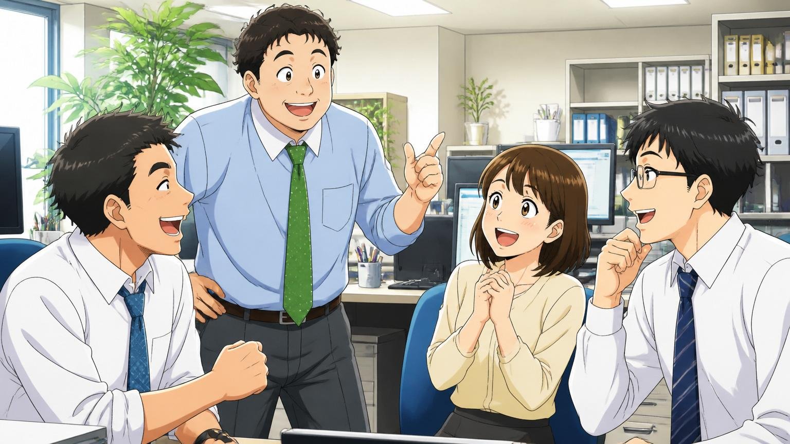企業のオフィスでチームメンバー4人が談笑、和やかな雰囲気で穏やかな表情