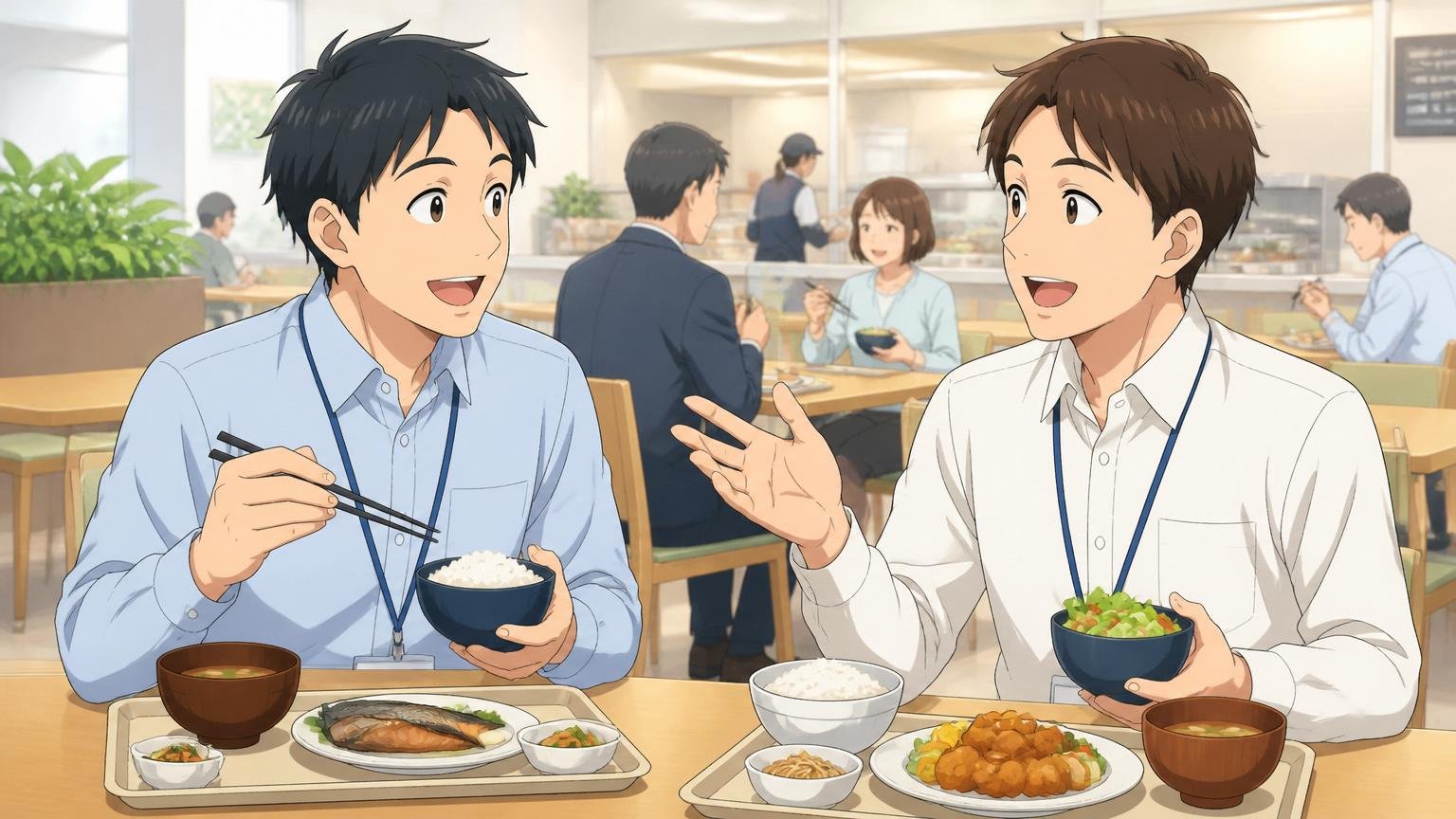 NECグループの福利厚生｜社員食堂で男性社員2人が穏やかに会話する様子