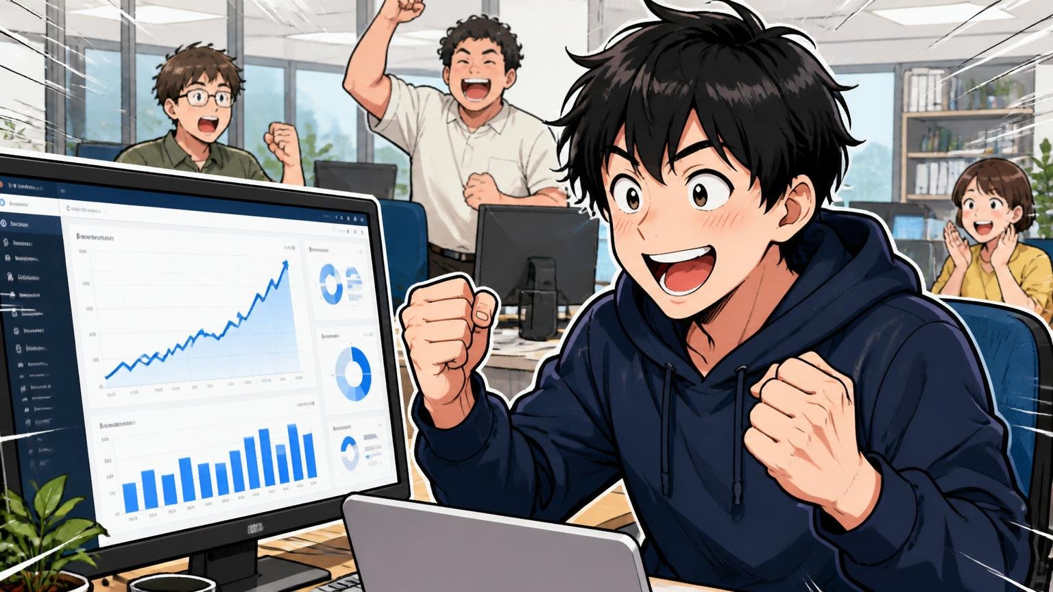 Web系事業会社のオフィスで20代男性エンジニアが両手でガッツポーズしながらECの売上ダッシュボードを見て喜んでいる